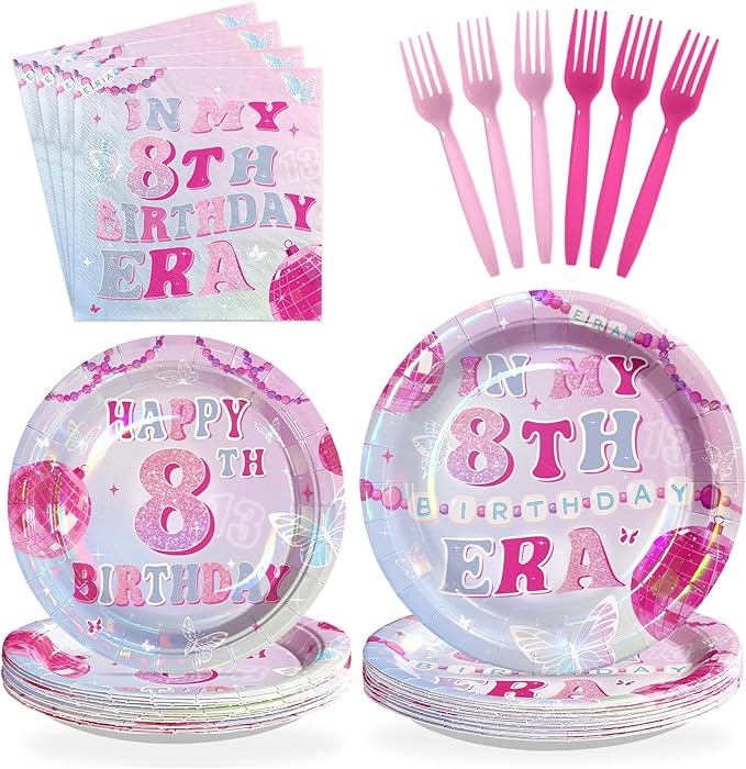 96Pcs In My 8th Birthday Party Decorations Pink Blue Plates and Napkins Popular Singer Theme Tableware Set for 8 Years Old Girls Birthday Pink Music Star Themed Party Supplies Serves 24