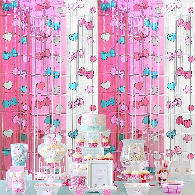Kawaii Birthday Decorations, 2 Pack Cartoon Cat Theme Party Supplies, 3.3 x 6.6ft Tinsel Foil Fringe Curtains, Bow Photo Booth Props, Backdrop Streamers, Perfect Room & Doorway Decor for Girls