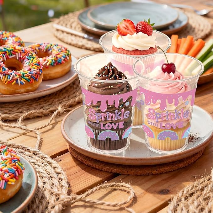 Qinyoung 50 Pcs 16 oz Pink Donut Sprinkle Cups for Donut Baby Shower Decorations Baby Shower Cups Plastic Disposable Drinking Birthday Party Supplies
