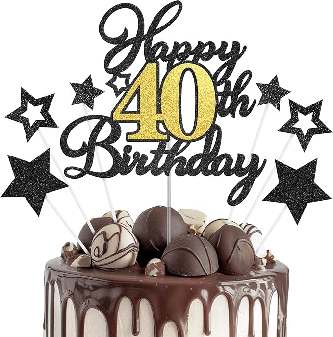 Happy 40th Birthday Cake Toppers, Black Gold Glitter Cake Decorations Set, 40th Birthday Decor for Men Women, Birthday Anniversary Party Decorations Supplies