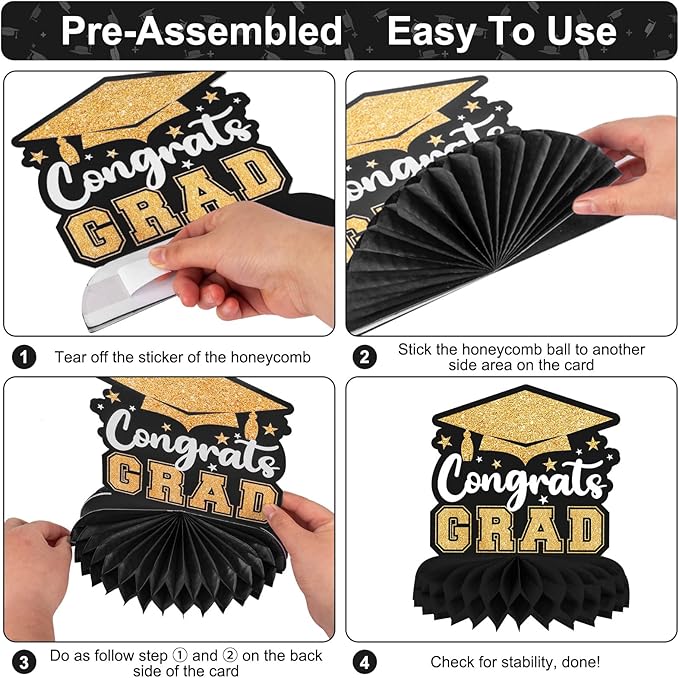 8 Pieces Class of 2025 Graduation Table Decorations - 2025 Congrats Grad Honeycomb Centerpieces, Black and Gold Graduation Table Toppers Decor for 2025 Graduation Party Decorations Favor Supplies