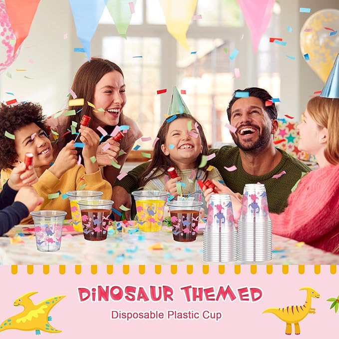 50 Pcs Girl Dinosaur Birthday Party Decorations Cups 12 oz Dinosaur Disposable Plastic Cups Dino Theme Tumbler for Three Rex Birthday Party Supplies Decorations, Pink