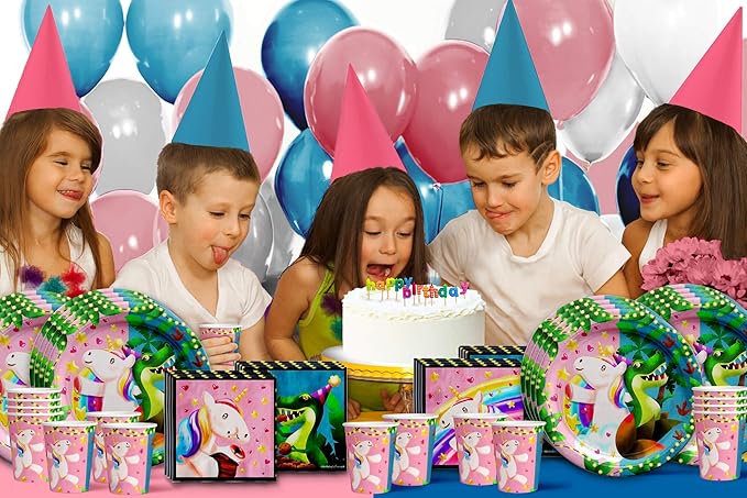 Unicorns & Dinos Joint Birthday Party Supplies Set Plates Napkins Cups Tableware Kit for 16