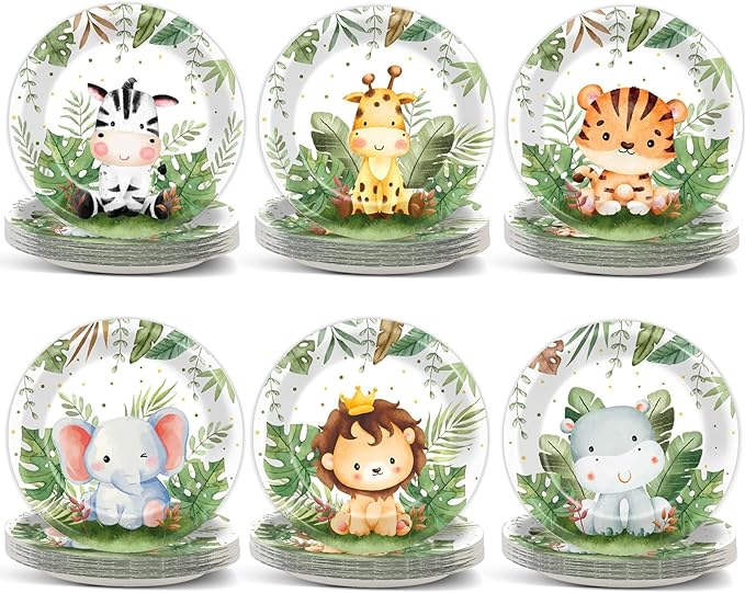 60Pcs Jungle Safari Plates Party Supplies Zoo Animal Paper Plates Safari Tableware Party Decorations for Birthday Baby Shower Woodland Animals Print Dinnerware Party Favors for 60 Guest