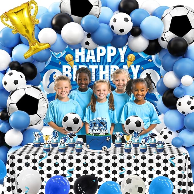Soccer Birthday Party Decorations, 97Pcs Soccer Party Decorations with Balloons Happy Birthday Backdrop Soccer Tablecloth and Cake Toppers for Soccer Party Supplies