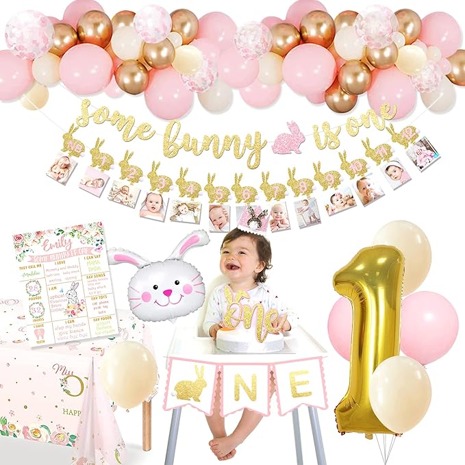 Some Bunny is One Birthday Party Supplies, Some Bunny is One First Birthday Decorations, Bunny 1st Birthday Decorations for Girls, Some Bunny is One banner for Spring Easter Rabbit Themed Baby Girls 1st Birthday
