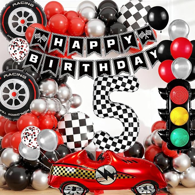 Race Car Birthday Party Decorations, with 40 Inch Number 5 Balloon, Happy Birthday Banner, Traffic Light and Foil Tire Balloon for 5th Car Themed Birthday Party Supplies