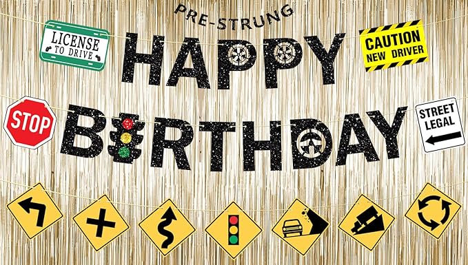 Pre-Strung Driver’s License Birthday Decorations, NO DIY Glitter Happy Birthday Banner New Driver Car Road Signs, 16th 17th Learner Driver Birthday Party Supplies
