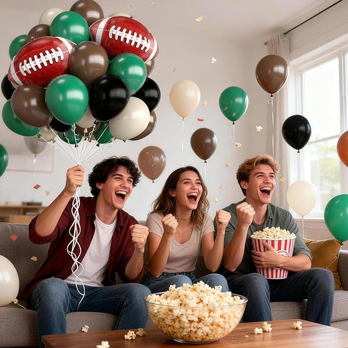 Football Balloons, 12 Inch Retro Dark Green and Brown Ivory White Balloons with Football Foil Balloon, for Sports Football Party Baby Shower Birthday Decorations