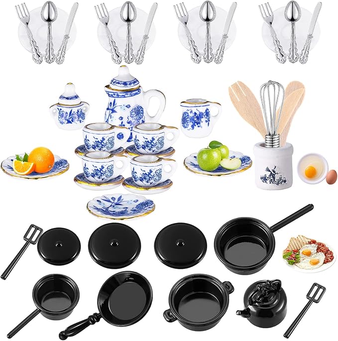 Zhanmai 47 Miniatures Dollhouse Kitchen Accessories Miniature Porcelain Tea Cup Set, Metal Pots and Pans Include 16 Mini Doll Plates Knife Fork Spoon, 6 Egg Beater Utensil, 10 Stovetop Cookware