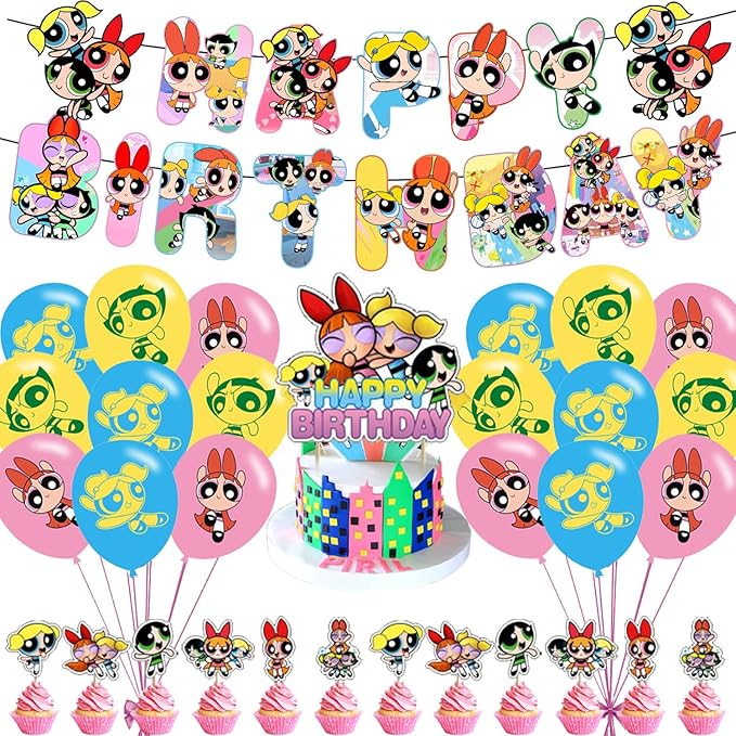 Power Girls Party Decorations,Power Girls Birthday Party Supplies Includes Banner - Cake Topper - 12 Cupcake Toppers - 18 Balloons