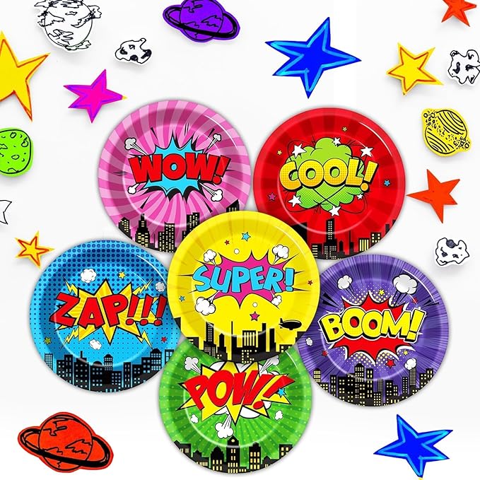 CHUNNIN 60 Pcs Super Theme Hero Party Plates for Birthday Party Decorations 9in Super Theme Hero Paper Plates Disposable Colorful Paper Plate for Kids Home Birthday Event Supplies