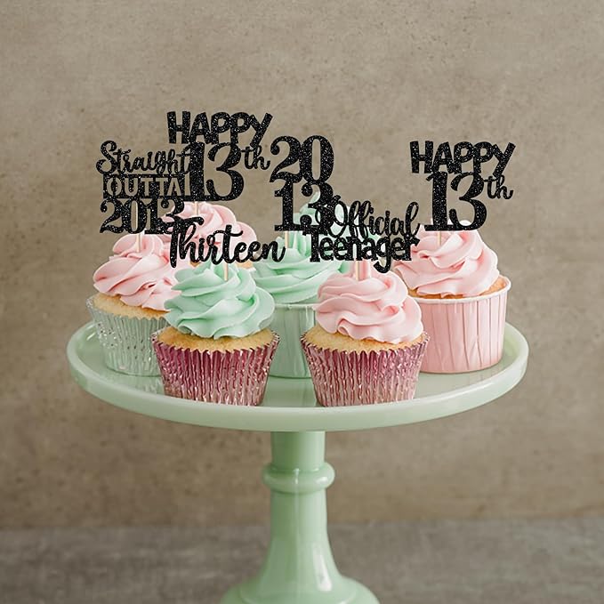 30PCS Black 13th Birthday Cupcake Toppers Glitter Thirteen Happy 13th Straight Outta 2012 Cupcake Picks for Cheers to 13 Years Birthday Anniversary Party Decorations Supplies