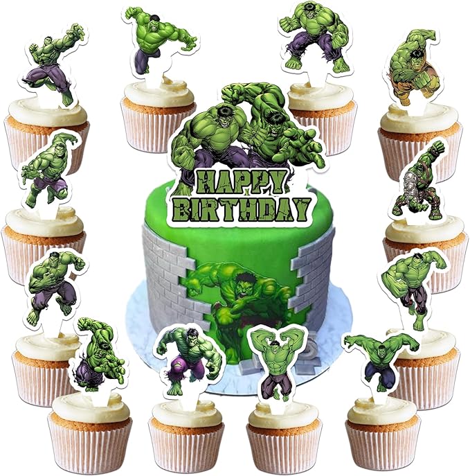 25Pcs For Hulk Birthday Party Supplies Pack Includes 1 Cake Topper 24 Cupcake Toppers for Hulk Party Supplies