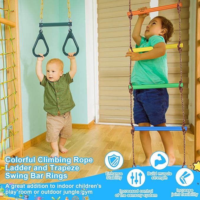 ShinyRelief 2 Pack Gym Swing Sets 48'' Trapeze Swing Bar Monkey Bar Heavy Duty Chain with Locking 6.8ft Climbing Rope Ladder Climbing Game for Accessories Tree House Playground Outdoor Play(Green)