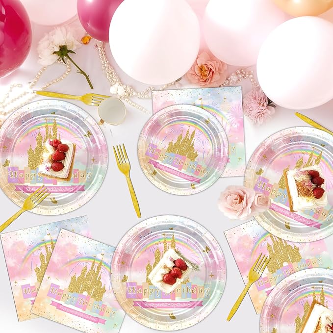 Avezano 96 PCS Princess Birthday Party Decorations Rainbow Gold Castle Plates Napkins Tableware Set for Girls Birthday Party Supplies, Serves 24