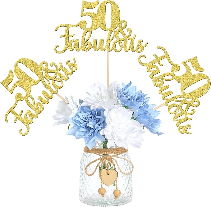 12 PCS 50 and Fabulous Centerpiece Sticks Double Sided Happy 50th Birthday Table Flower Centerpieces Sticks Cheers to 50 Floral Decorations for 50th Birthday Anniversary Party Supplies Gold