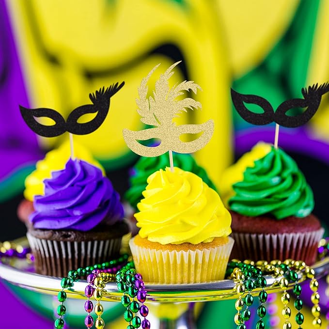 Gyufise 24 Pack Masquerade Masks Cupcake Topper Gold Black Glitter Mask Cake Topper Picks Dessert Cupcake Toppers for Masquerade Mardi Gras Party Baby Shower Birthday Party Decorations