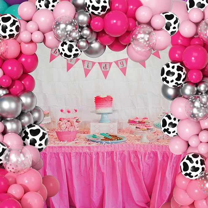 170Pcs Cowgirl Balloons Arch Garland Kit, Hot Pink Silver Cow Print Balloons for Last Rodeo Bachelorette Western Let's Go Girl Cowgirl Baby Shower Birthday Disco Party Decorations Supplies