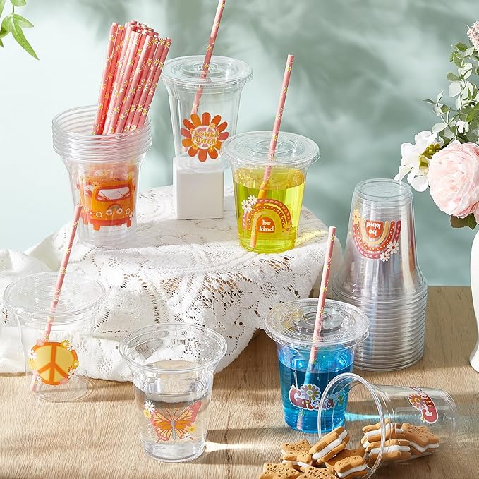Boao 36 Sets Groovy Party Cups with Lids and Paper Straws 14 oz Retro Birthday Party Supplies Favors Decorations Hippie Boho Disposable Clear Plastic Cups Bulk Daisy Flower Favors