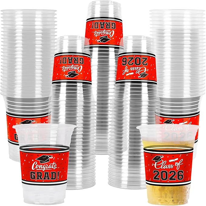 Gatherfun Class of 2026 Celebration - 100 Pcs 16oz Red Graduation Plastic Cups for Sturdy & Durable Drinkware for Grad Festivities | Essential Graduation Party Supplies & Decorations