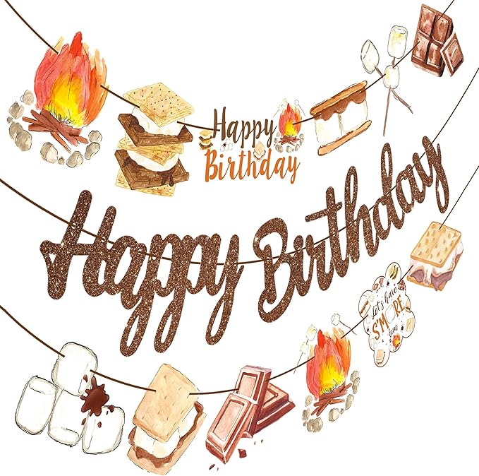 S'more Birthday Party Banners S'more Party Happy Birthday Banners Bonfire Camping Theme Hanging Decoration for Campfire Camper Birthday Party Baby Shower Supplies