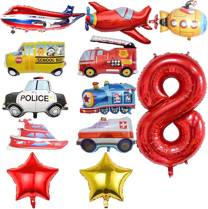 12pcs Transportation Balloons, Truck Plane School Bus Fire Truck Police Car Ship Ambulance Submarine Foil Balloon, Transportation 8th Birthday Vehicles Theme Party Supplies Decorations (8th)