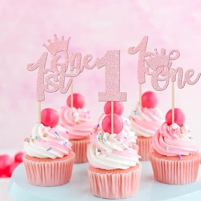 Wild One 24 PCS Glitter Cupcake Toppers - 1st Birthday Crowns & Decorations for Kids Party, Boho Theme, Light Pink