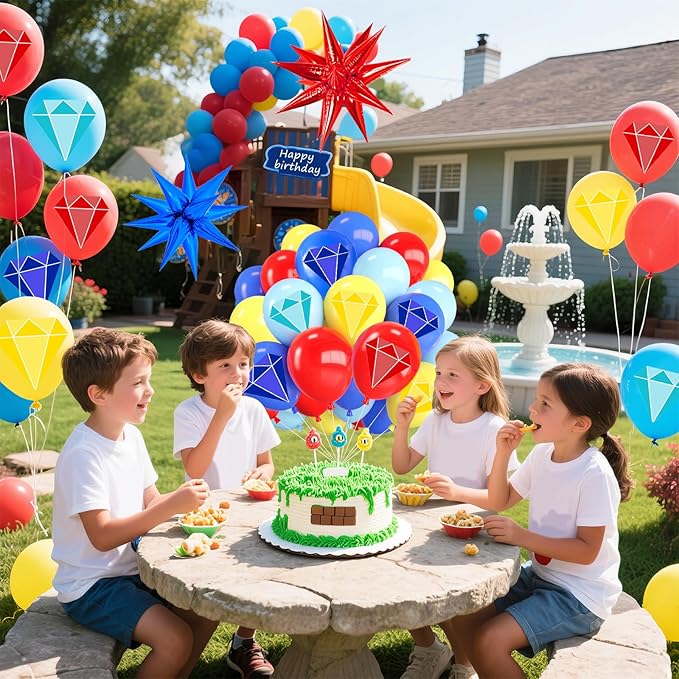 Red Blue Gold Balloon 44Pcs 12 Inch，Cute Diamond Print Balloons for Cartoon Themed Birthday Party Decorations Boys Girls Gatherings Party Supplies