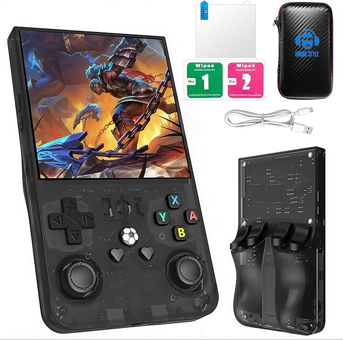 R36Max Handheld Game Console - Preloaded 18000+ Classic Games, for Gamer Dads Video Game Console (64Gb Translucent Black)