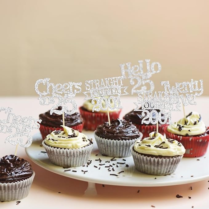Ephlyn 24Pcs 25th Birthday Cupcake Toppers Glitter Straight Outta 2001 Cupcake Picks Hello 25 Cheers to 25 Years Cake Decorations for 25th Birthday Anniversary Party Decorations Supplies Silver