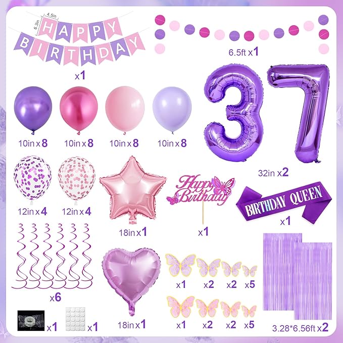 37th Purple Birthday Decorations for Women, Pink and Purple Happy 37 Birthday Party Decorations with Happy Birthday Banner, Number Foil Balloons, Butterfly Cake Topper for 37th Party Supplies