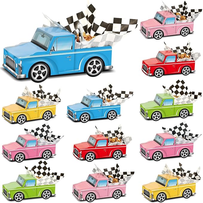 24 Pcs Classic Car Party Food Boxes Race Car Birthday Party Supplies Kids Trucks Food Box Tray with Snack and Waxed Paper Food Liners Table Centerpiece for Boys Girls Car Party Favors Decorations