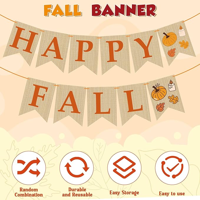 OHOME Fall Decorations for Home - Happy Autumn Pumpkin Banner for Indoor Outdoor | Maple Leaves Garland Backdrop for Outside - Hanging Party Favors Supplies for Birthday | Fall Decor