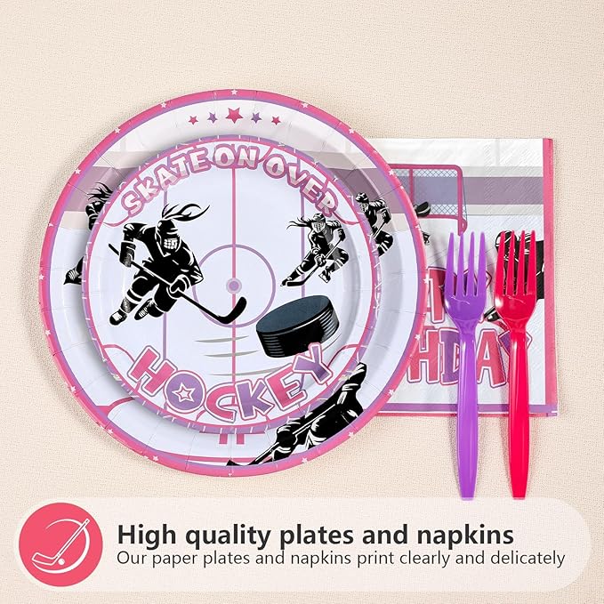 96Pcs Pink Hockey Birthday Party Supplies Hockey Girl Birthday Party Plates and Napkins Tableware Set for Girls Kid's Fans Gameday Sports Themed Party Decorations Serves 24