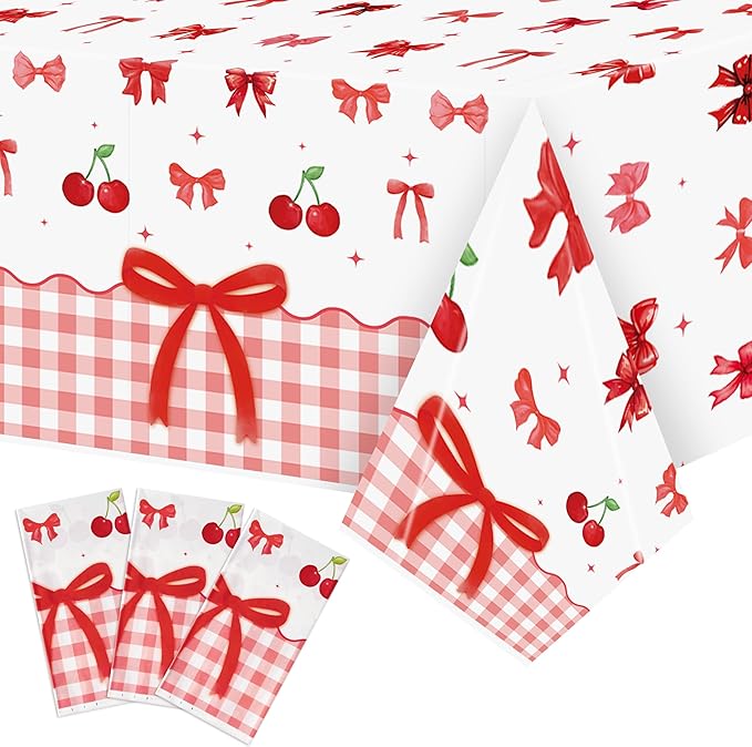 3Pcs Bow Party Tablecloths - Red Cherry Party Table Covers Decorations Bow Themed Rectangular Plastic Disposable Table Cloth Decor for Girls Women Kids Birthday Baby Shower Supplies