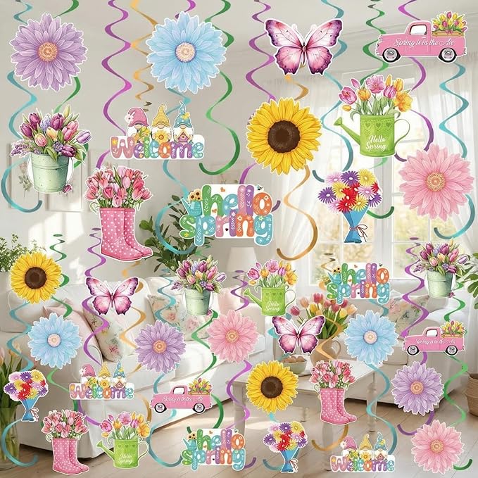 Spakon 72 Pcs Hello Spring Hanging Swirl Decorations Spring Party Decoration Assorted Sunflower Tulips Trucks Gnome Butterfly Ceiling Decor for Office Party Favors Home Supplies