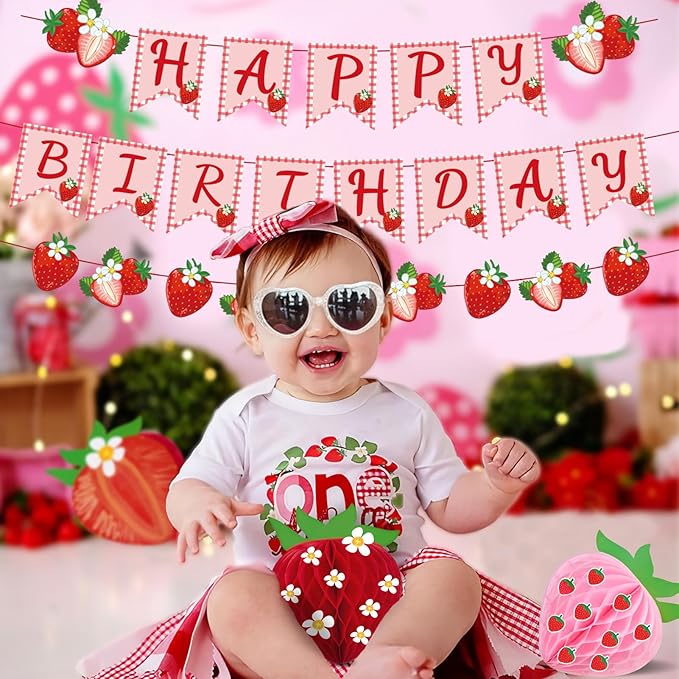 Paper Jazz Strawberry Hanging Banner Decorations，Red Fruit Banners Happy Birthday, Red Berry First Birthday Party Supplies for Theme 1st Birthday And Garden Party,Strawberry Themed Party Favors.