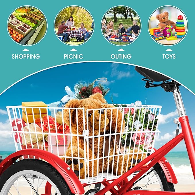 MOPHOTO 16 Inch Small Tricycle for Beginner Riders, Low Step-Through 3 Wheel Bike, Single Speed Trike with Hand Brakes, Adjustable Seat and Rear Basket, Fits Heights 3'9" to 4'9"