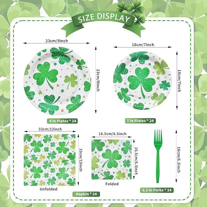 96 Pieces St. Patrick's Day Shamrock Tableware Party Supplies - Disposable Lucky Clover Design Dinnerware Set with Paper Plates, Napkins, and Forks for Irish Theme Party Celebrations - Serves 24