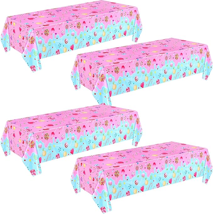4 Pieces Candyland Plastic Tablecloth Candyland Sweet Party Decorations Colorful Lollipop Pink Table Covers for Candy Land Birthday Baby Shower Sweet Party Supplies