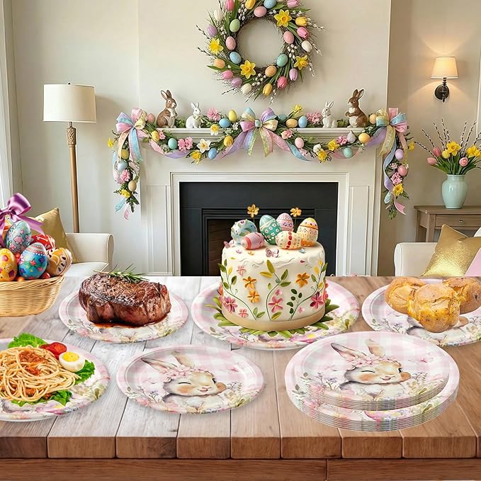 24 Pcs Easter Plates - Spring Flowers Buffalo Plaid Easters Rabbit Paper Plate, Pink Cute Bunny Dinner Dessert Plates Disposable Round Tableware Set for Happy Easter Table Decorations Party Supplies
