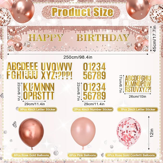 Rose Gold Birthday Decorations Banner with Personalized Letter Stickers and Balloons DIY Rose Gold Happy Birthday Yard Banner Custom Bday Sign for Girls Women Bday Party Supplies Outdoor