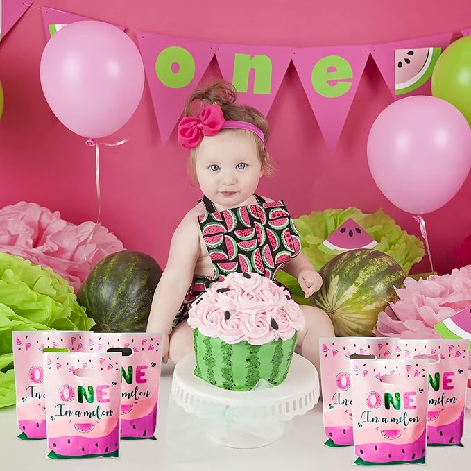 50Pcs One in A Melon Party Favor Bag Watermelon Themed Waterproof Goodie Bag with Die Cut Handles Summer Glossy Plastic Candy Gift Bags for Kid First Birthday Baby Shower Decoration Supplies