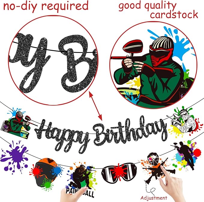 Paintball Happy Birthday Banner Glitter Black Paintball Birthday Party Decorations 2PCS Paintball Themed Shooting Game Banner Decor for Paint Ball Splatter Splash Party Supplies