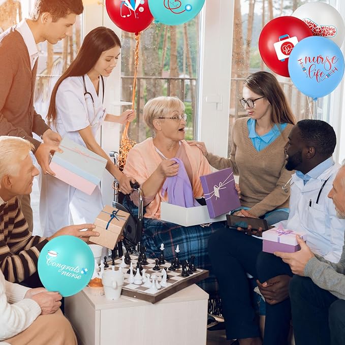 Skylety 48 Pieces Nurse Balloons 12 Inch Congrats Nursing Latex Balloons Bulk Party Decoration Supplies Nursing School Graduation Decoration for Happy Nurse Week Cna(Red, Blue and White)