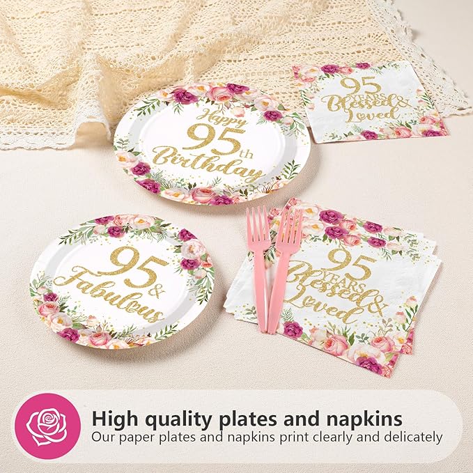 96Pcs 95th Birthday Decorations for Women Rose Gold Floral Party Plates and Napkins Disposable 95th Birthday Gifts Tableware Set for Women Fabulous Party Decorations Serves 24