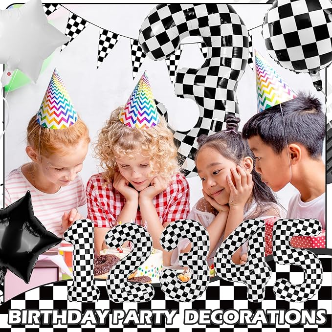 40 Inch Checkered Number Balloons 3 Black and White Foil Balloon for Girls & Boys Racing Car Theme Birthday Party Decorations, Party Supplies & Favors (Number 3)