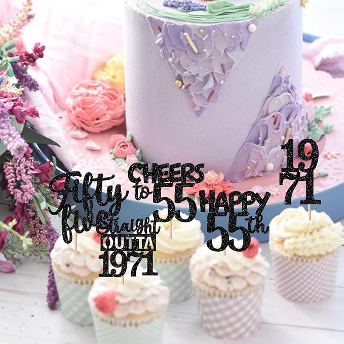 30PCS Black 55th Birthday Cupcake Toppers Glitter Fifty Five Happy 55 Straight Outta 1971 Cupcake Picks for Cheers to 55 Years 55th Birthday Anniversary Party Cake Decorations Supplies