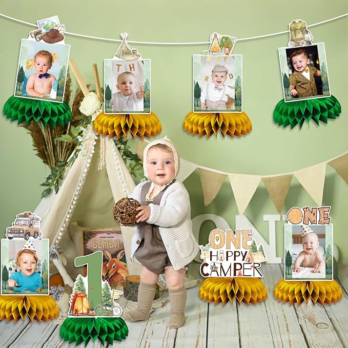 One Camper Birthday Decorations, 8pcs Camping 1st Birthday Photo Table Honeycomb Centerpiece for Camping Camper Campfire Theme One Year Old Birthday Party Supplise